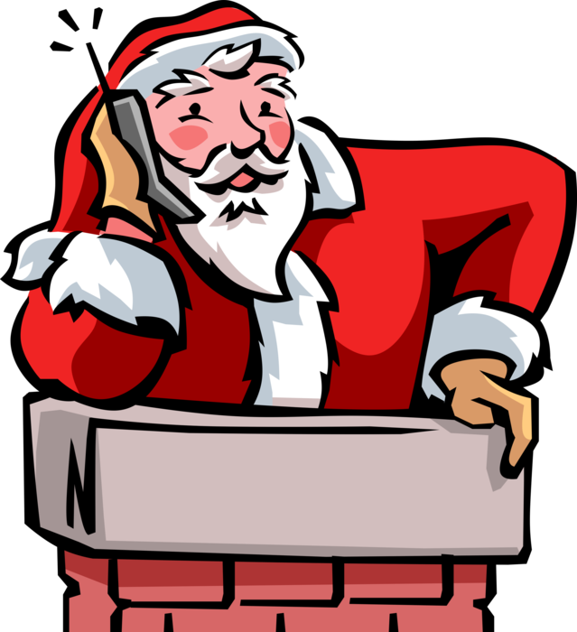 Vector Illustration of Santa Claus Takes Call on Mobile Phone While Sliding Down Chimney on Christmas