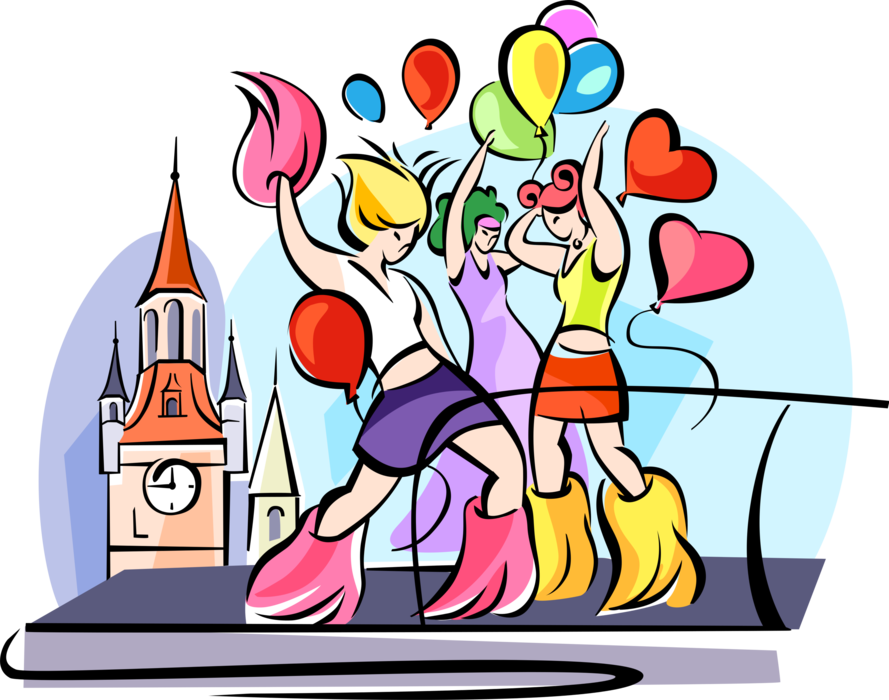 Vector Illustration of Millennial Dancers Dance and Celebrate with Balloons on Stage