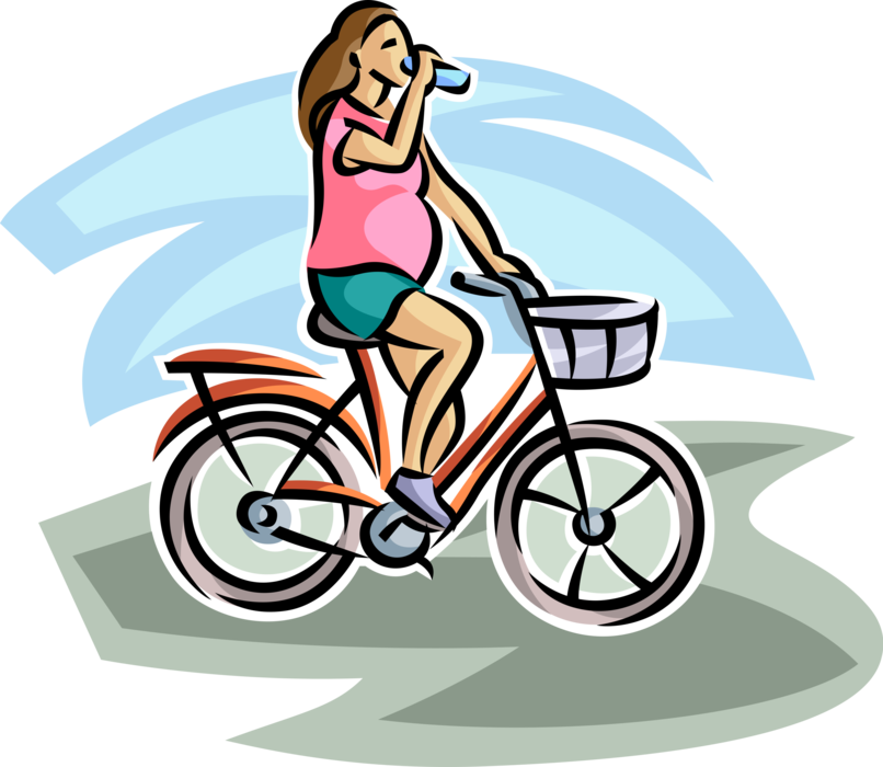 Vector Illustration of Pregnant Expectant Mother Exercises with Bicycle Ride Drinks Water