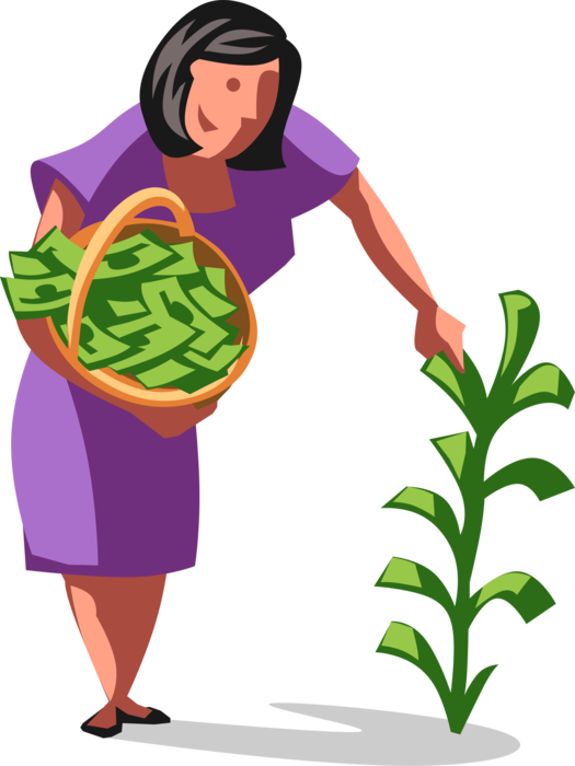 Vector Illustration of Businesswoman Picks Cash Dollars in Basket from Money Tree