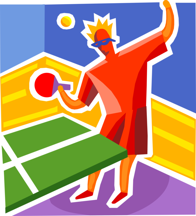 Vector Illustration of Game of Table Tennis Ping Pong Player Hits Ball with Paddle Racket