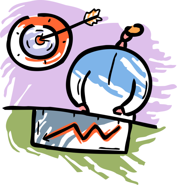 Vector Illustration of Businessman Misses Sales Revenue Targets with Archery Arrow and Bullseye or Bull's-Eye