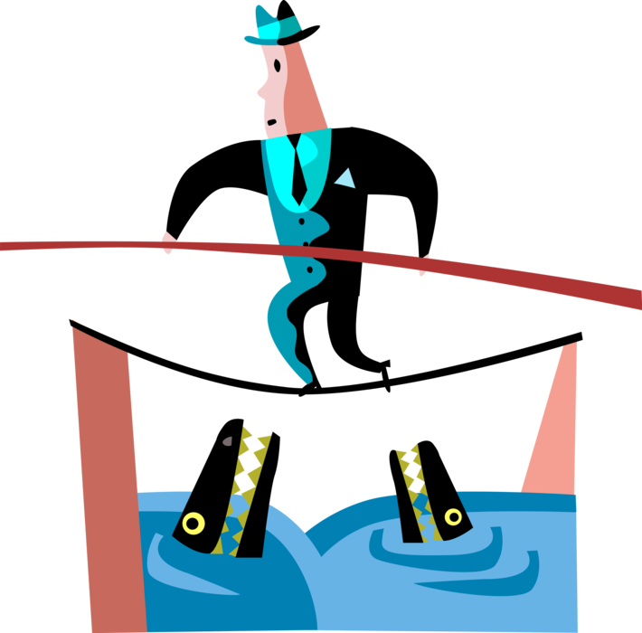Vector Illustration of Businessman Tightrope Highwire Walker Faces Crisis and Danger with Alligator Crocodiles in Water