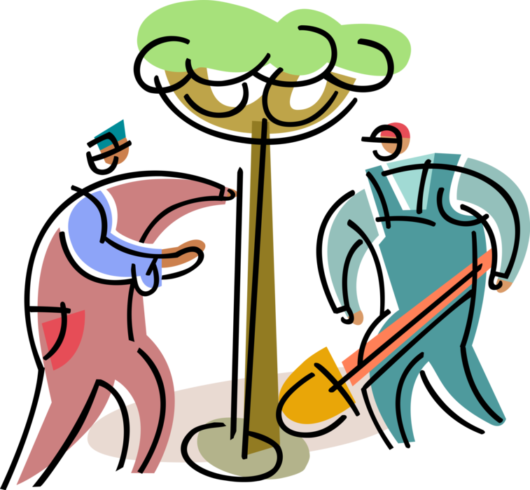Vector Illustration of Arborist Arboriculture Professionals Plant Tree Outdoors with Shovel Tool