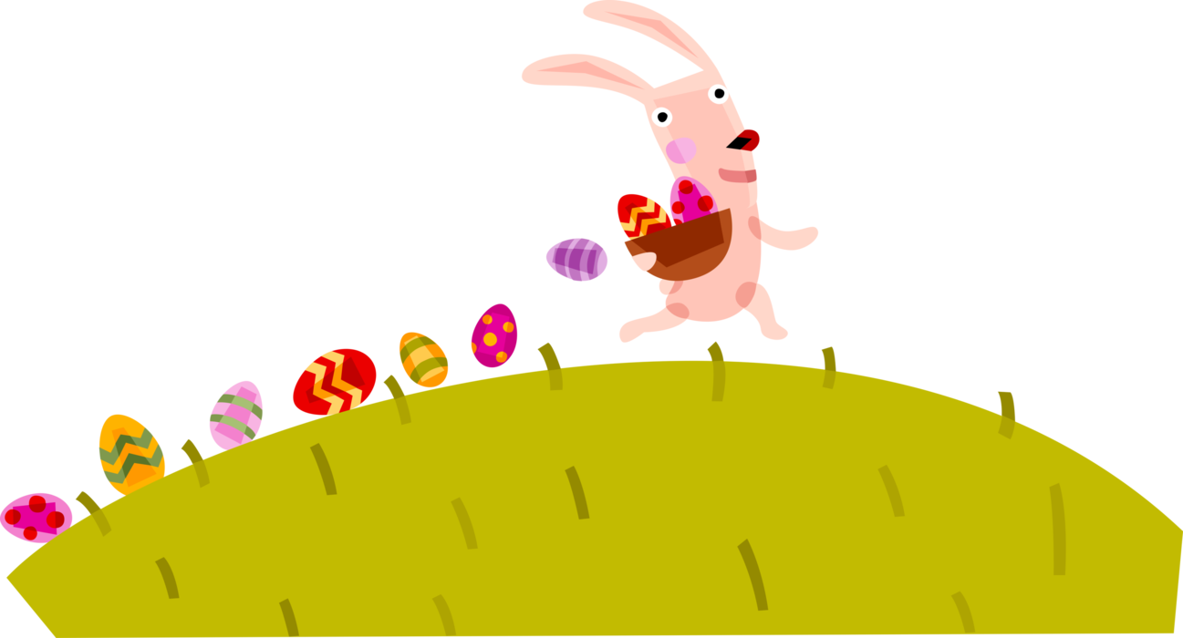 Vector Illustration of Pascha Easter Bunny Rabbit Drops Decorated Easter Eggs from Easter Basket for Easter Egg Hunt