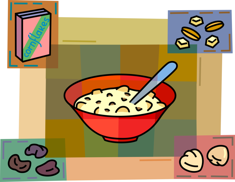 Vector Illustration of Breakfast Cold Cereal Cornflakes in Bowl with Milk and Spoon