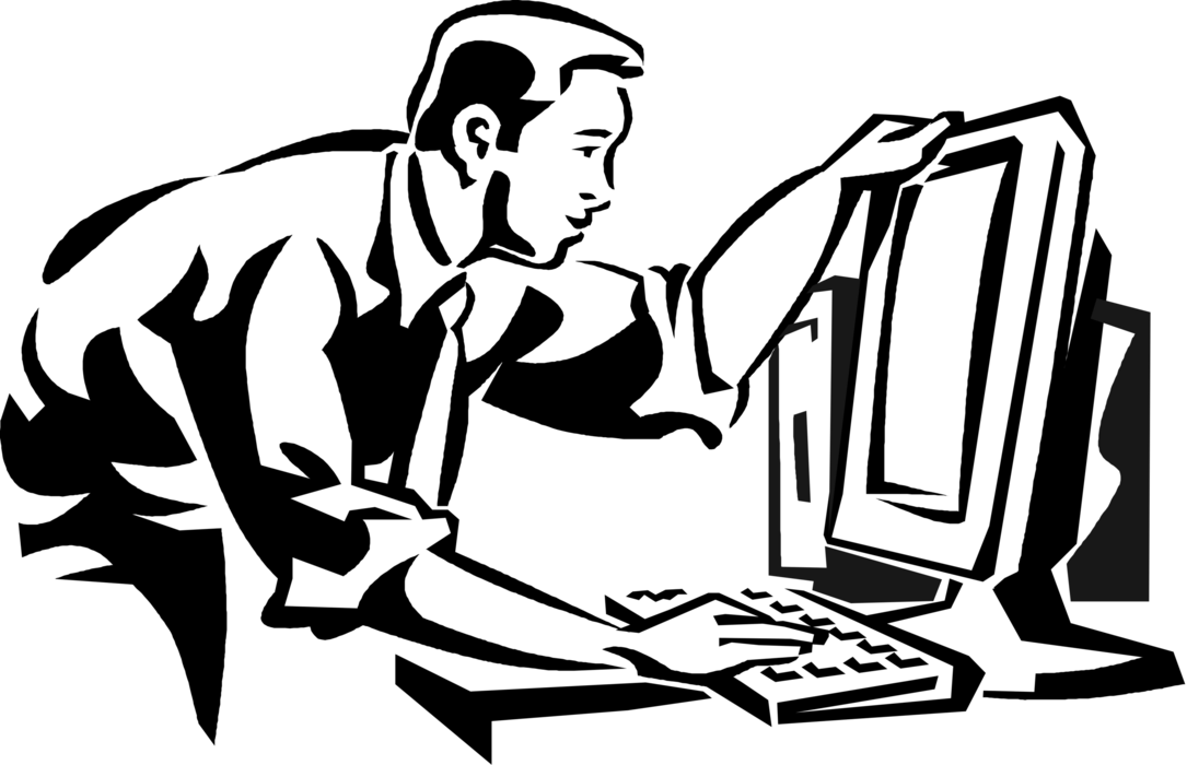 Vector Illustration of Businessman Working at Office Computer