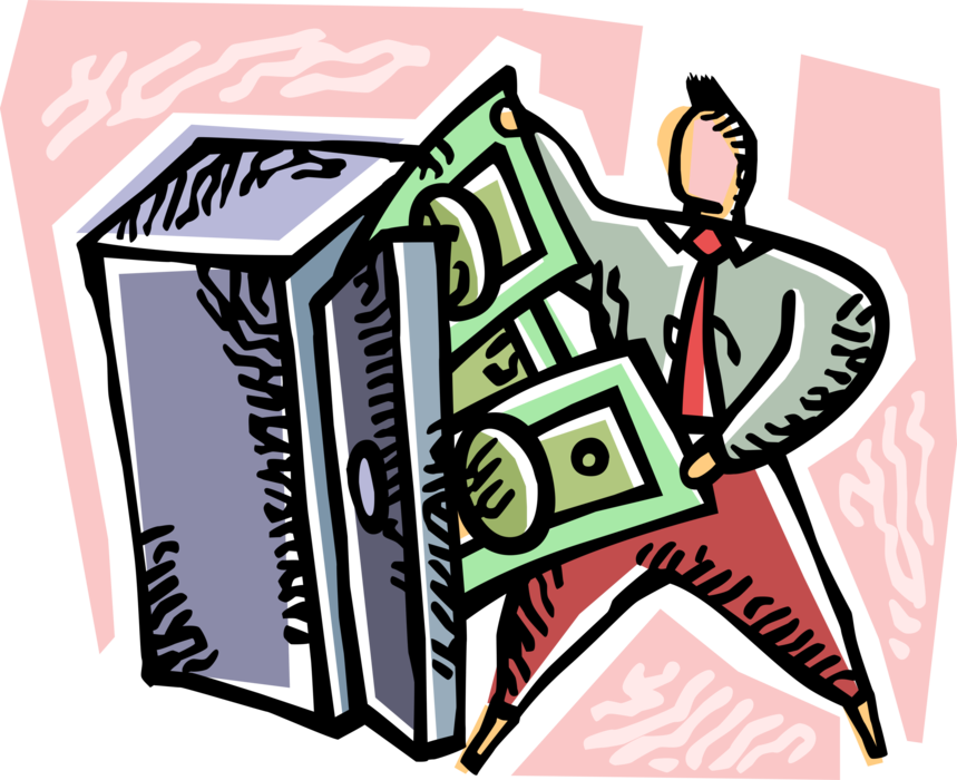 Vector Illustration of Businessman Deposits Financial Cash Money Dollar Investments in Savings Bank Vault Safe
