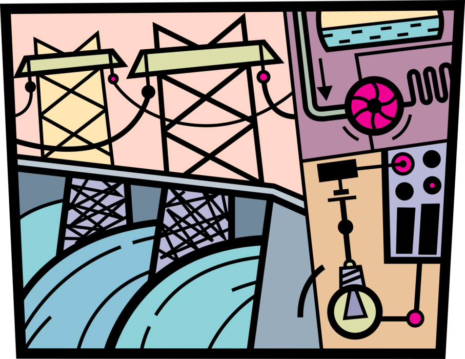 Vector Illustration of Hydroelectric Power Dam with Transmission Towers, Sluice Gates and Electricity Generation