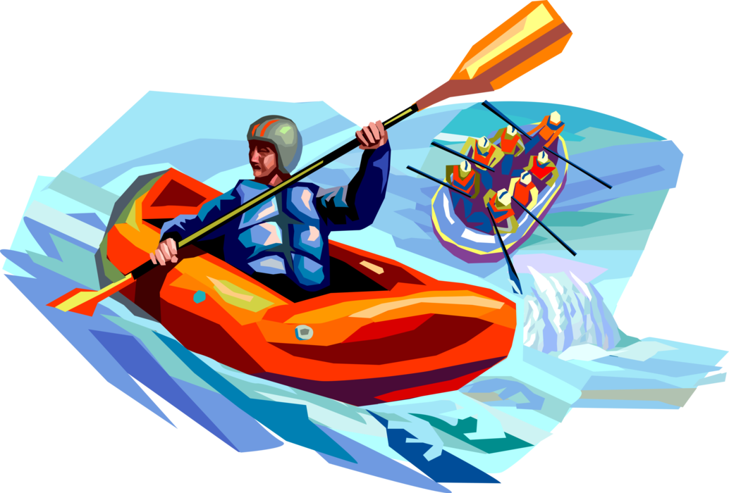 Vector Illustration of Extreme Water Sports Whitewater Rafting and Kayaking