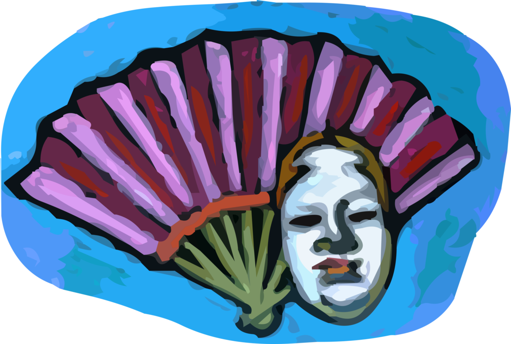 Vector Illustration of Asian Japanese Folding Hand Fan with Kabuki Mask
