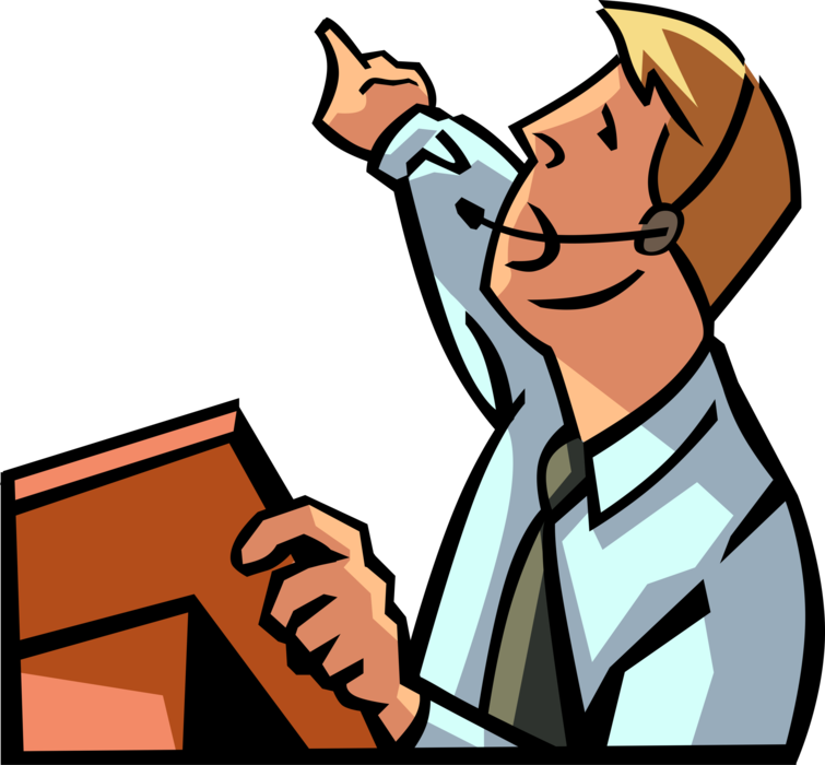 Vector Illustration of Businessman Speaks to Audience from Podium with Microphone Pointing