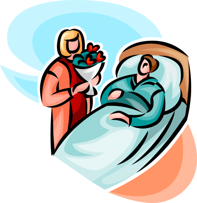 Vector Illustration of Hospital Visitor with Flowers Visits Patient in Hospital Bed