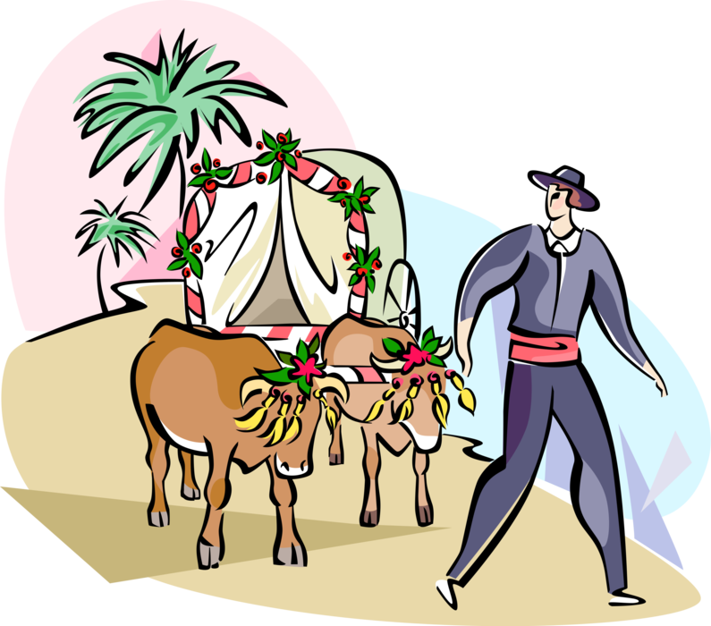 Vector Illustration of Romeria San Bernabe Bull Cart Procession, Marbella, Costa del Sol, Andalusia, Spain