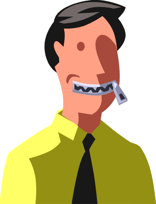 Vector Illustration of Businessman Maintains Secrecy and Remains Silent with Mouth Zipped or Zippered