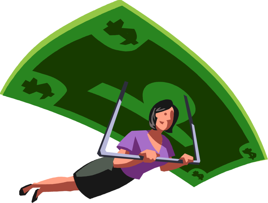 Vector Illustration of Businesswoman Hang Gliding with Cash Money Dollar Hang Glider Aircraft