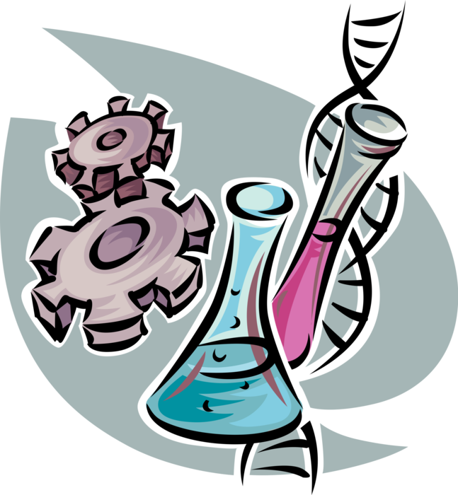 Vector Illustration of Cogwheel Gears Mechanism with Laboratory Glassware Beakers and DNA Research