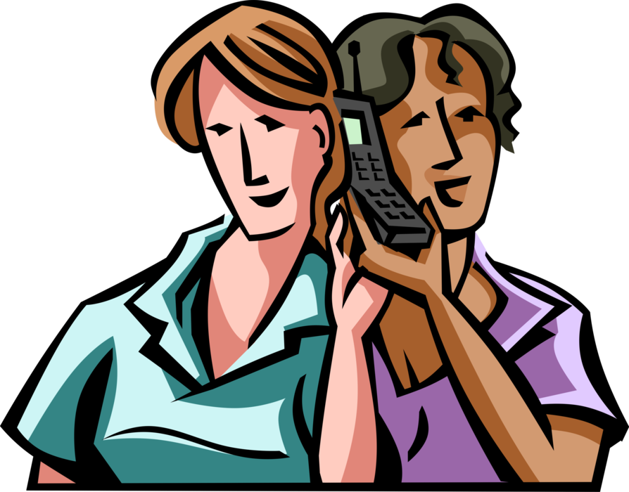 Vector Illustration of Two Women Listening to Conversation on Mobile Cell Phone Telephone
