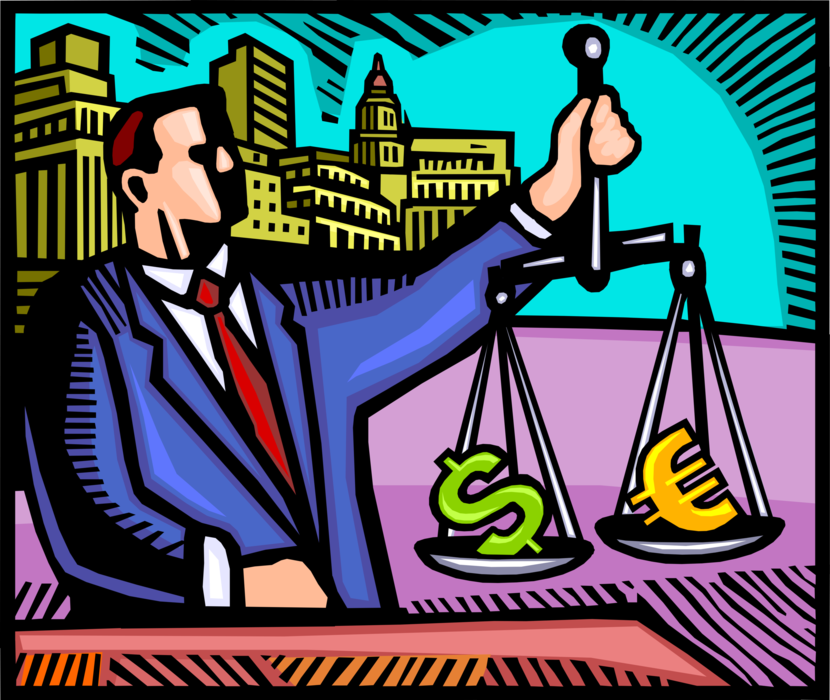 Vector Illustration of Businessman Evaluates Financial Investment Opportunities with Balance Scale, Dollar and Euro Money