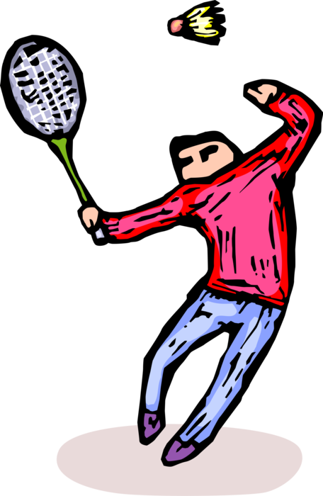 Vector Illustration of Sport of Badminton Player Swings Racket or Racquet at Shuttlecock Birdie During Game