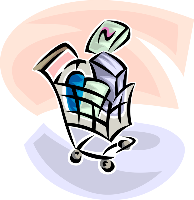 Vector Illustration of Supermarket Grocery Store Shopping Cart with Purchased Items