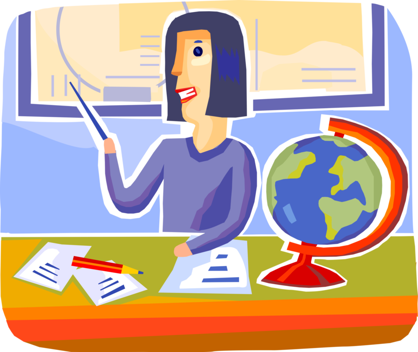 Vector Illustration of Teacher Teaches Geography in School Classroom with Scale Model Terrestrial Geographical World Globe