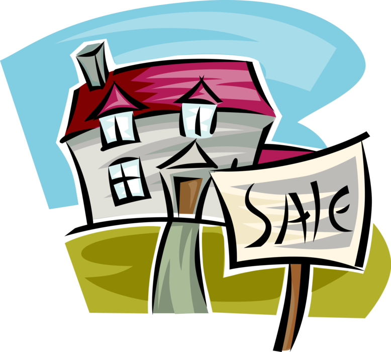 Vector Illustration of Residential Real Estate For Sale Sign on Family Home Dwelling