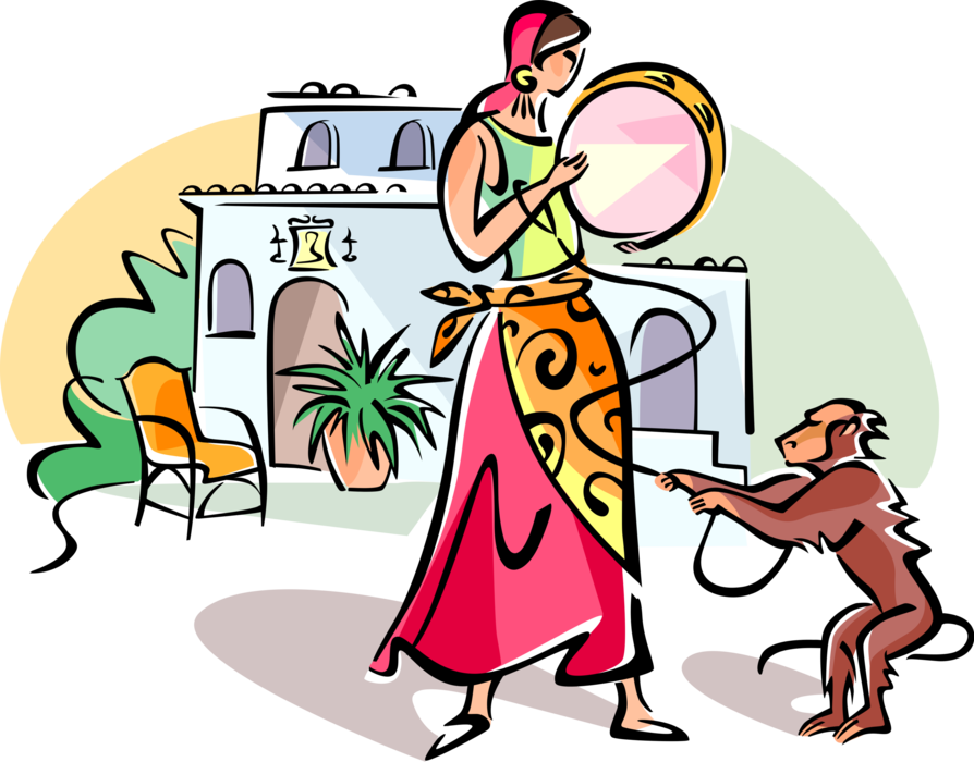 Vector Illustration of Spanish Gypsy Roma Woman and Her Monkey