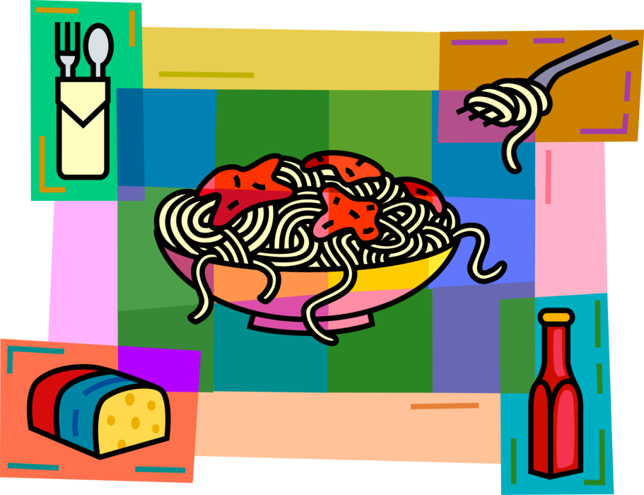 Vector Illustration of Bowl of Spaghetti Pasta with Cheese and Hot Sauce, Fork and Spoon Utensil