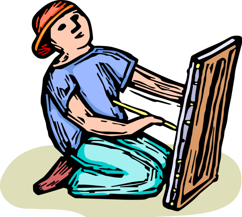 Vector Illustration of Child Artist Painting Picture on Canvas with Paintbrush