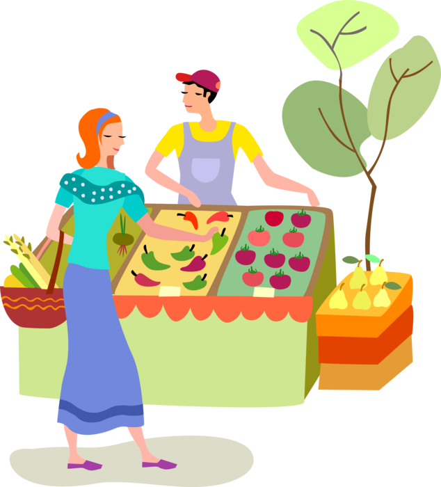 Vector Illustration of Shopper Shops for Fresh Produce Fruits and Vegetables from Outdoor Farmer's Market Vendor Food Stand