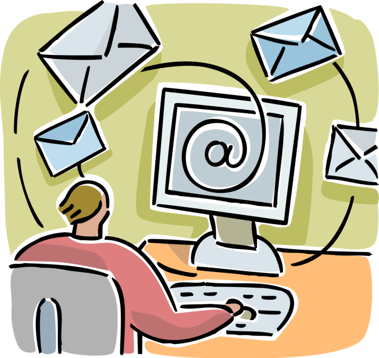 Vector Illustration of Businessman Sends and Receives Internet Electronic Mail Email Correspondence @ Symbol