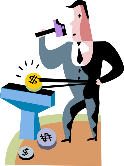 Vector Illustration of Businessman Blacksmith Forges Financial Cash Money Coins with Hammer and Anvil