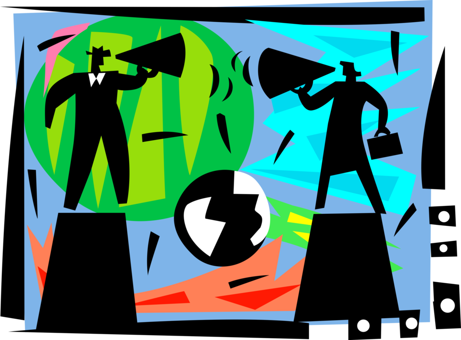 Vector Illustration of Competitors Announce Competing Message Announcements with Megaphone Bullhorns to Amplify Voices