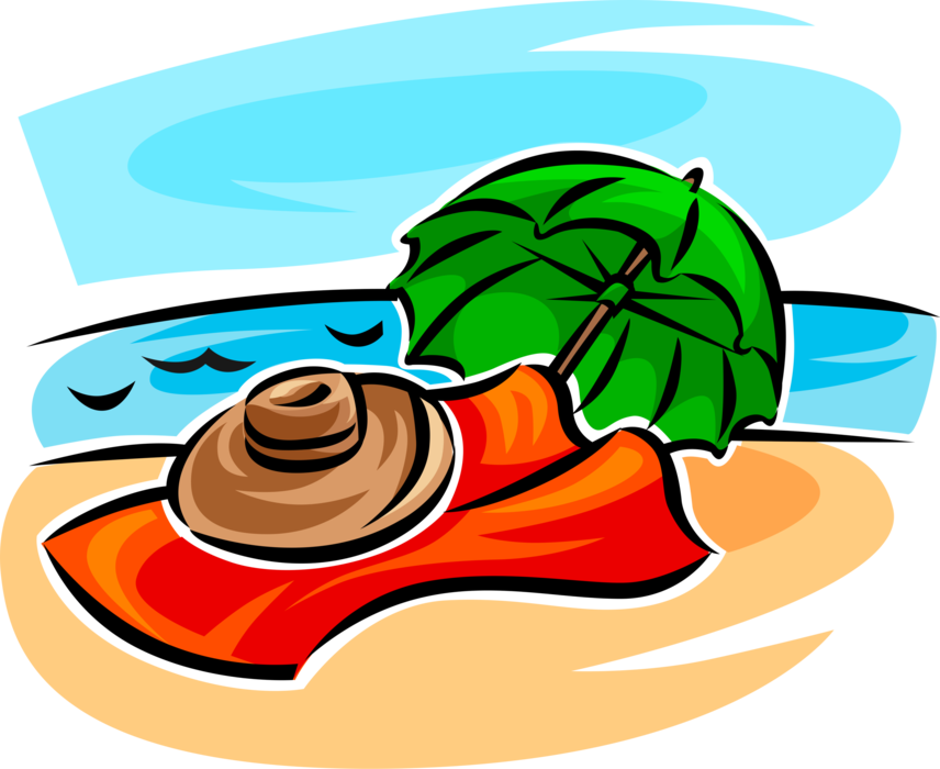 Vector Illustration of Day at the Beach with Blanket, Sun Hat and Umbrella for Shade