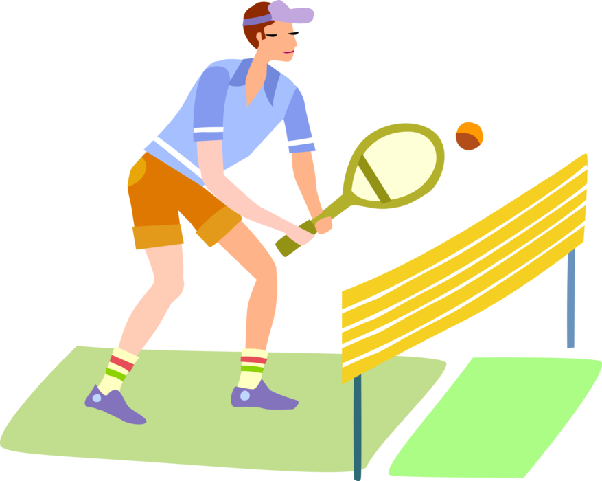Vector Illustration of Tennis Player Returns Ball Over Net with Racket or Racquet During Tennis Match
