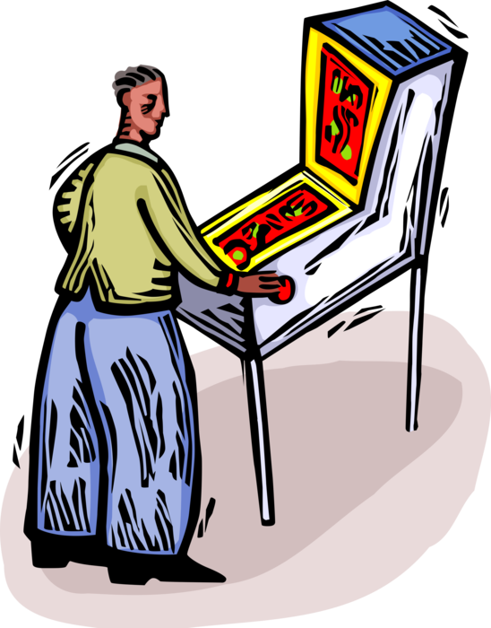 Vector Illustration of Adolescent Youth Plays Pinball Machine Arcade Game with Flippers
