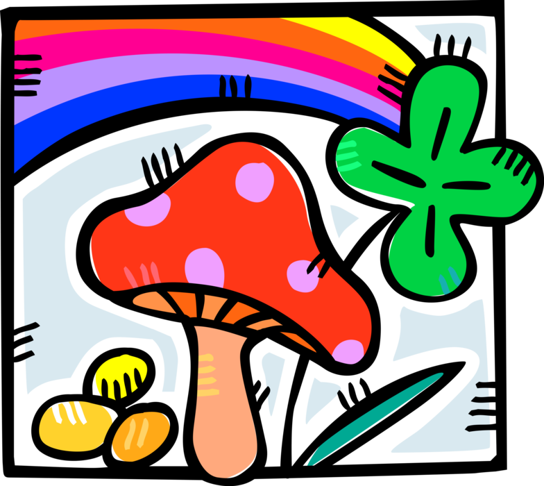 Vector Illustration of Mushroom, Gold Nuggets, St. Patrick's Day Four-Clover Lucky Shamrock, Rainbow of Hope and Prosperity
