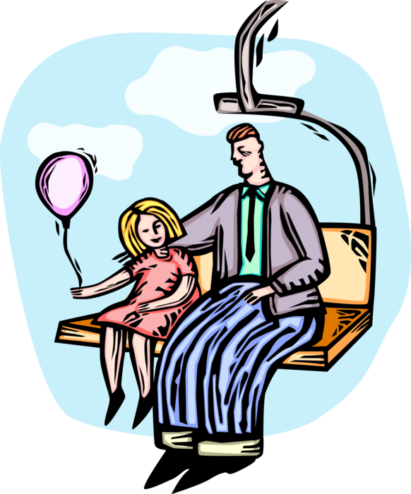 Vector Illustration of Father and Daughter Ride Gondola Chairlift Ride at Amusement Park