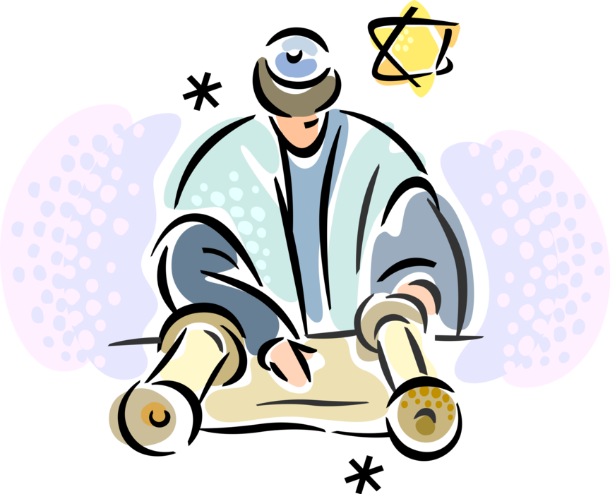 Vector Illustration of Jewish Rabbi Reads Hebrew Sefer Torah Parchment Scroll Holiest Book in Judaism