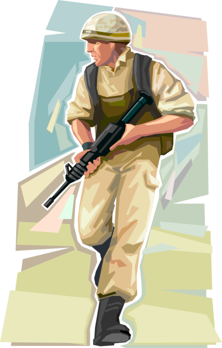 Vector Illustration of Heavily Armed United States Military Soldier in Theater of War Combat Operations Battle Zone