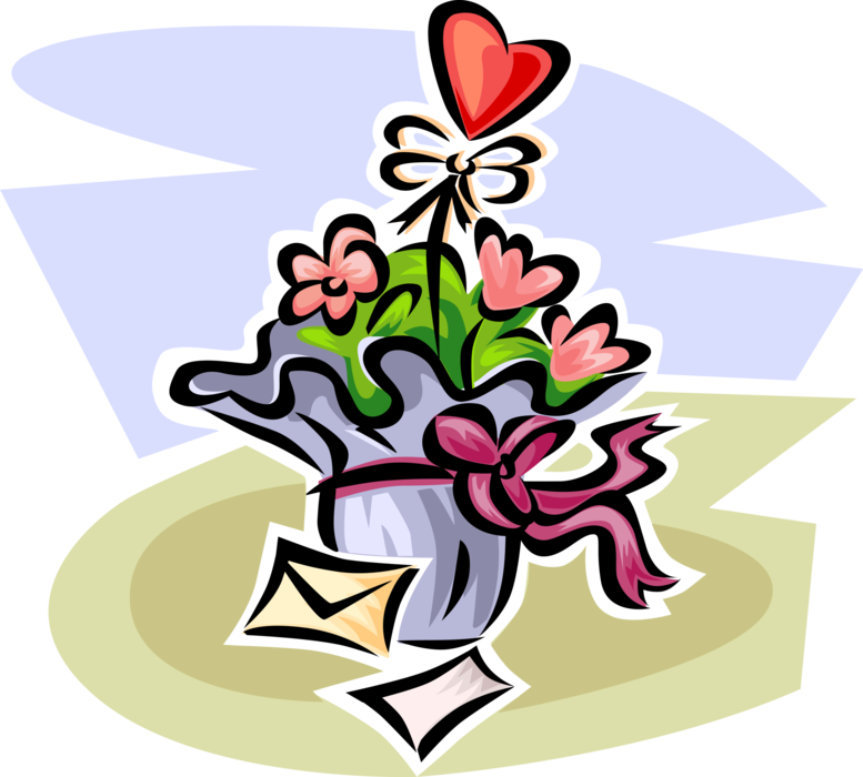 Vector Illustration of Valentine's Day Sentimental Gift of Flowers with Love Heart Balloon Expression of Affection