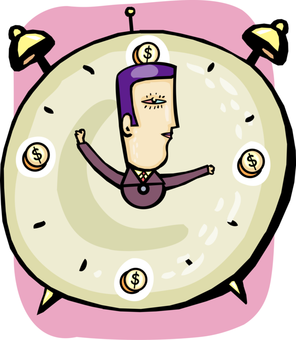 Vector Illustration of Businessman Understands that Time is Money with Alarm Clock Hands of Time