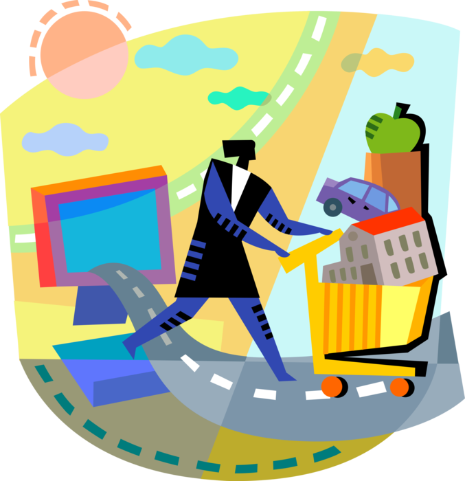 Vector Illustration of Internet Ecommerce Customer Shopper with Shopping Cart and Online Transaction Purchases