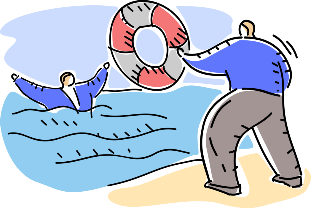 Vector Illustration of Businessman Saves Floundering Drowning Associate with Life Ring Preserver Personal Flotation Device