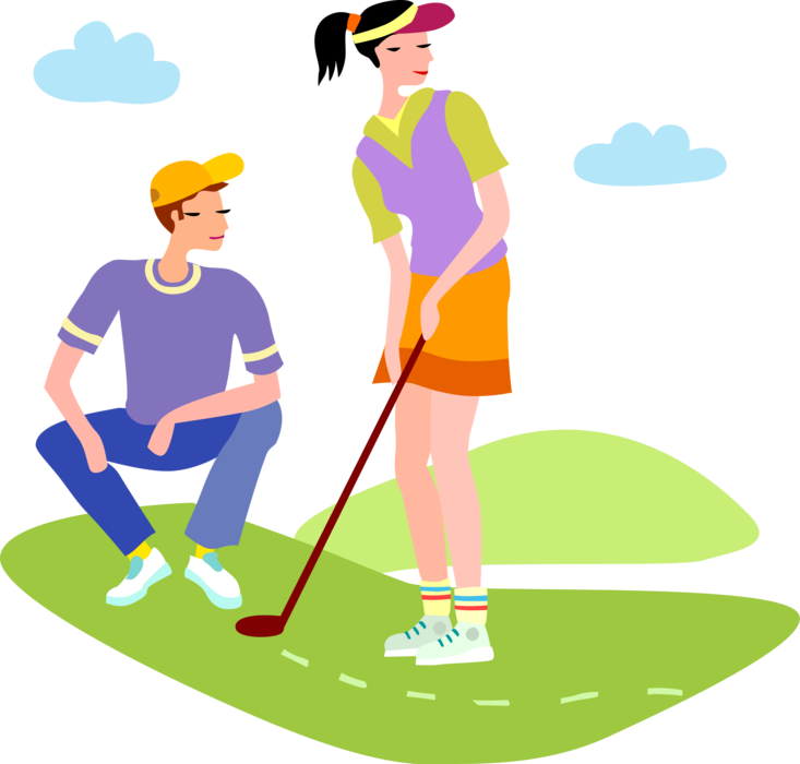 Vector Illustration of Golfers Line Up Putt on Green During Round of Golf
