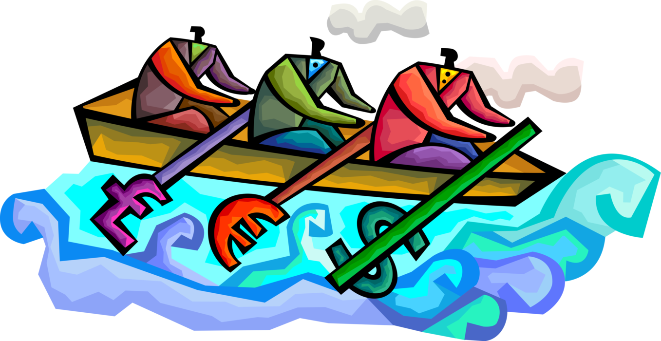 Vector Illustration of Sculler Businessmen Row Boat in International Currency Market Waters with Pound, Euro, and Dollar Oars