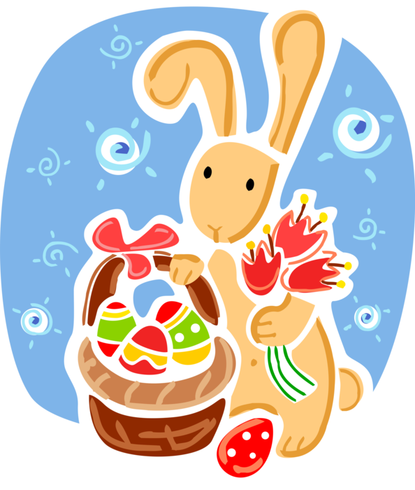 Vector Illustration of Pascha Easter Bunny with Basket of Decorated Easter Eggs and Spring Tulip Flowers