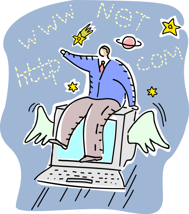 Vector Illustration of Businessman Flies on Wings of Success Computer withy Access to Online Internet Information