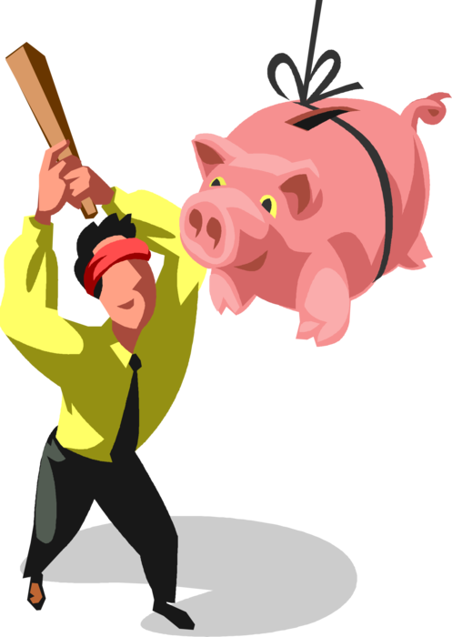 Vector Illustration of Blindfolded Businessman Swings Wooden Club at Piñata Pinata Piggy Bank to Access Cash Money Savings